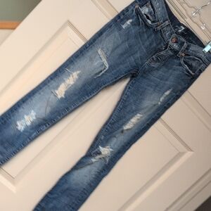 7 For All Mankind Blue Distressed Straight Leg Jeans